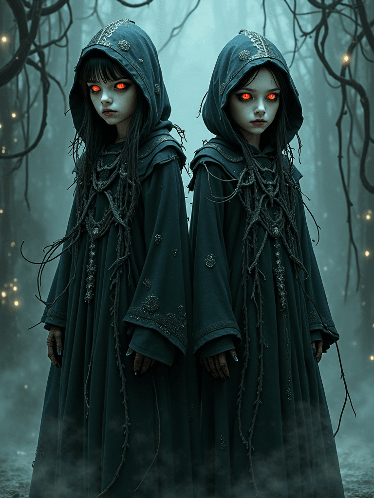 AI generated: A striking illustration featuring two enigmatic and evil-looking young girls, shrouded in darkness a...