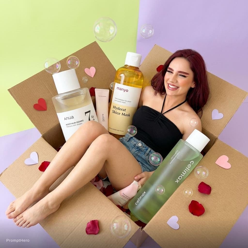 AI generated: A joyful blonde woman lying inside a cardboard gift box with an open flipped lid. Camera angle from ...