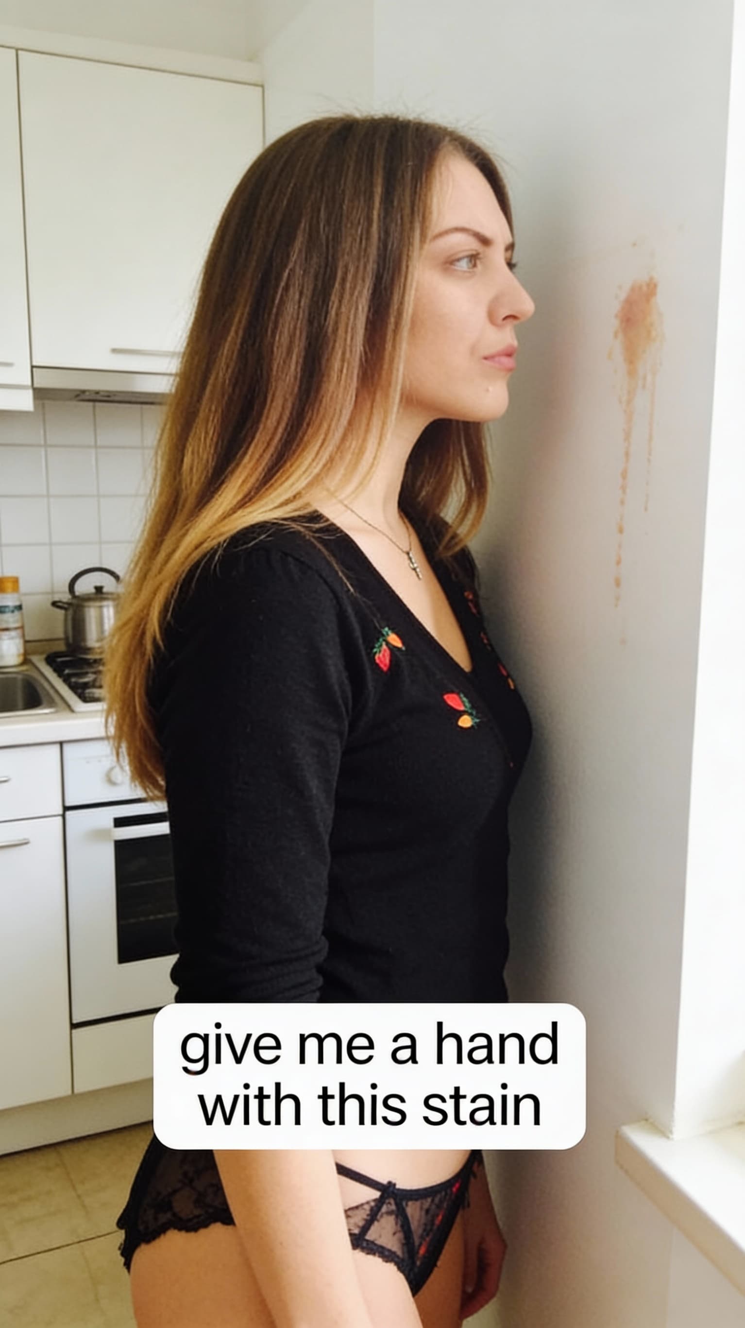 AI generated:  kitchen sarah face to the wall, looking the wall,whit a stain on lingerie, then sighs, she put down...