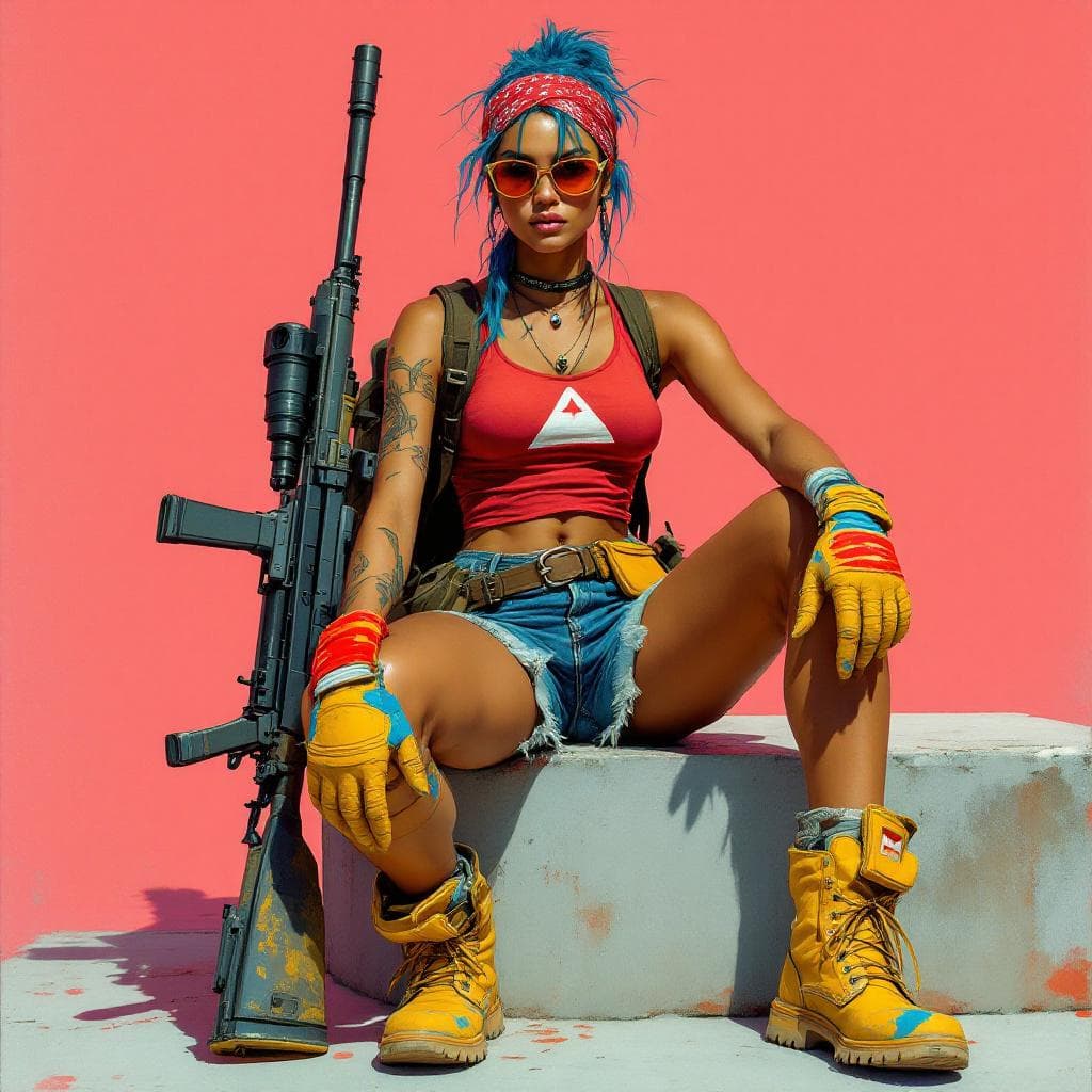AI generated: full body shot of a confident, athletic woman sitting casually on a concrete block  near her. The ba...