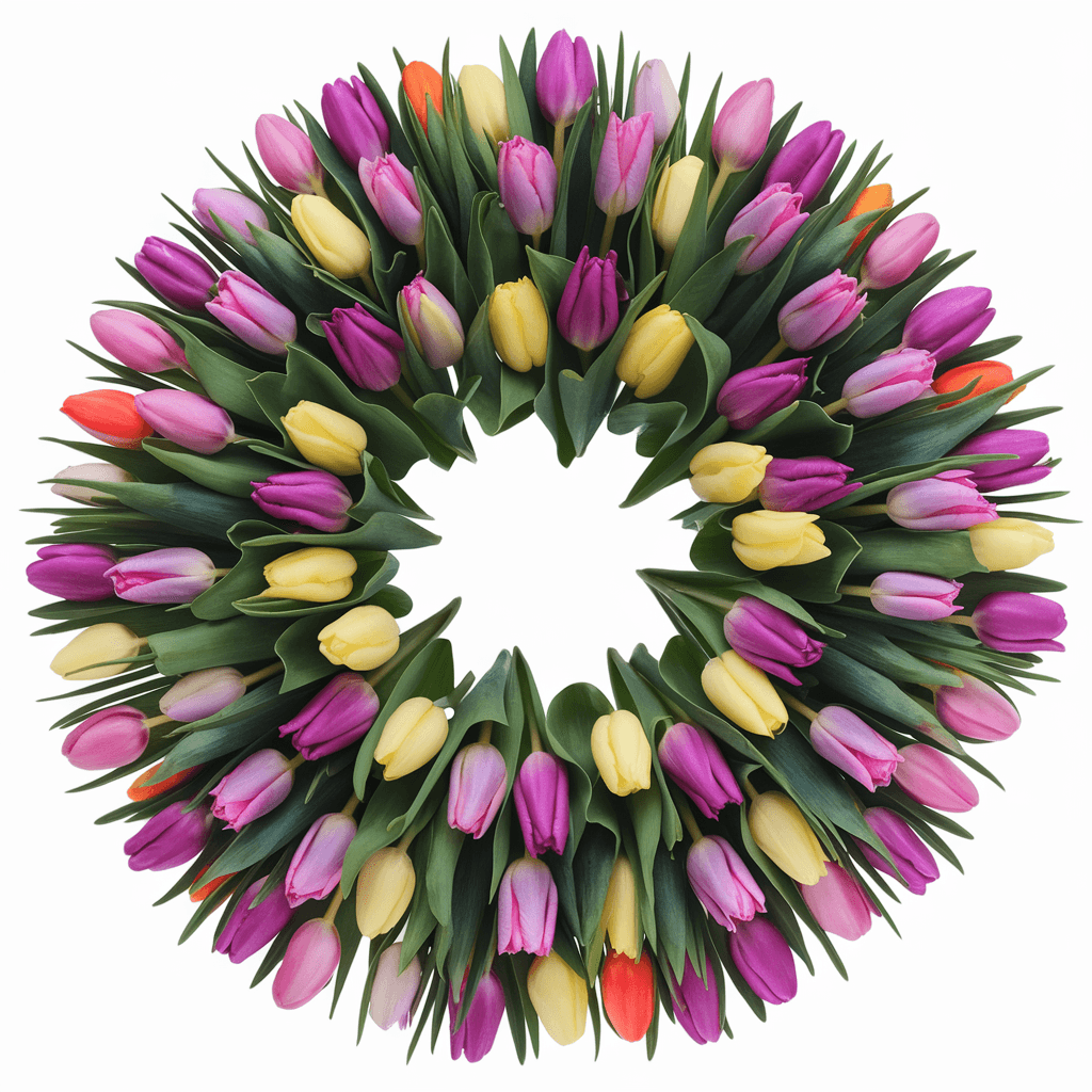 AI generated: The image is a circular arrangement of colorful tulips. The tulips are in various shades of pink, pu...
