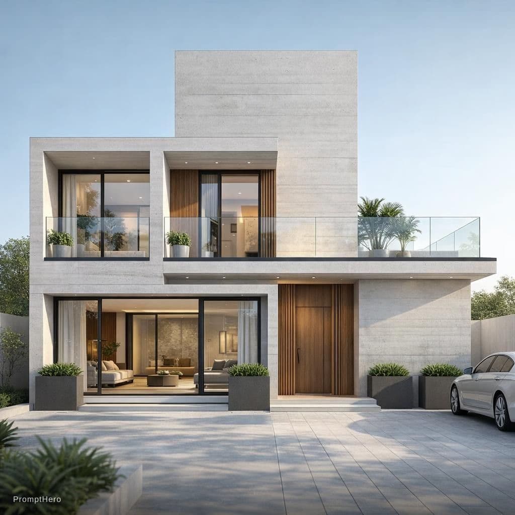 AI generated: luxury villa modern"A modern two-story house with clean geometric lines, expansive glass windows, an...