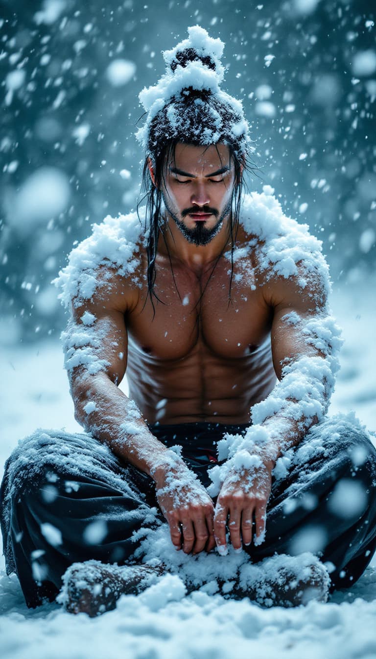 AI generated: A surreal movie scene of a Chinese ninja sitting alone in a fierce snowstorm, deep in thought, his b...