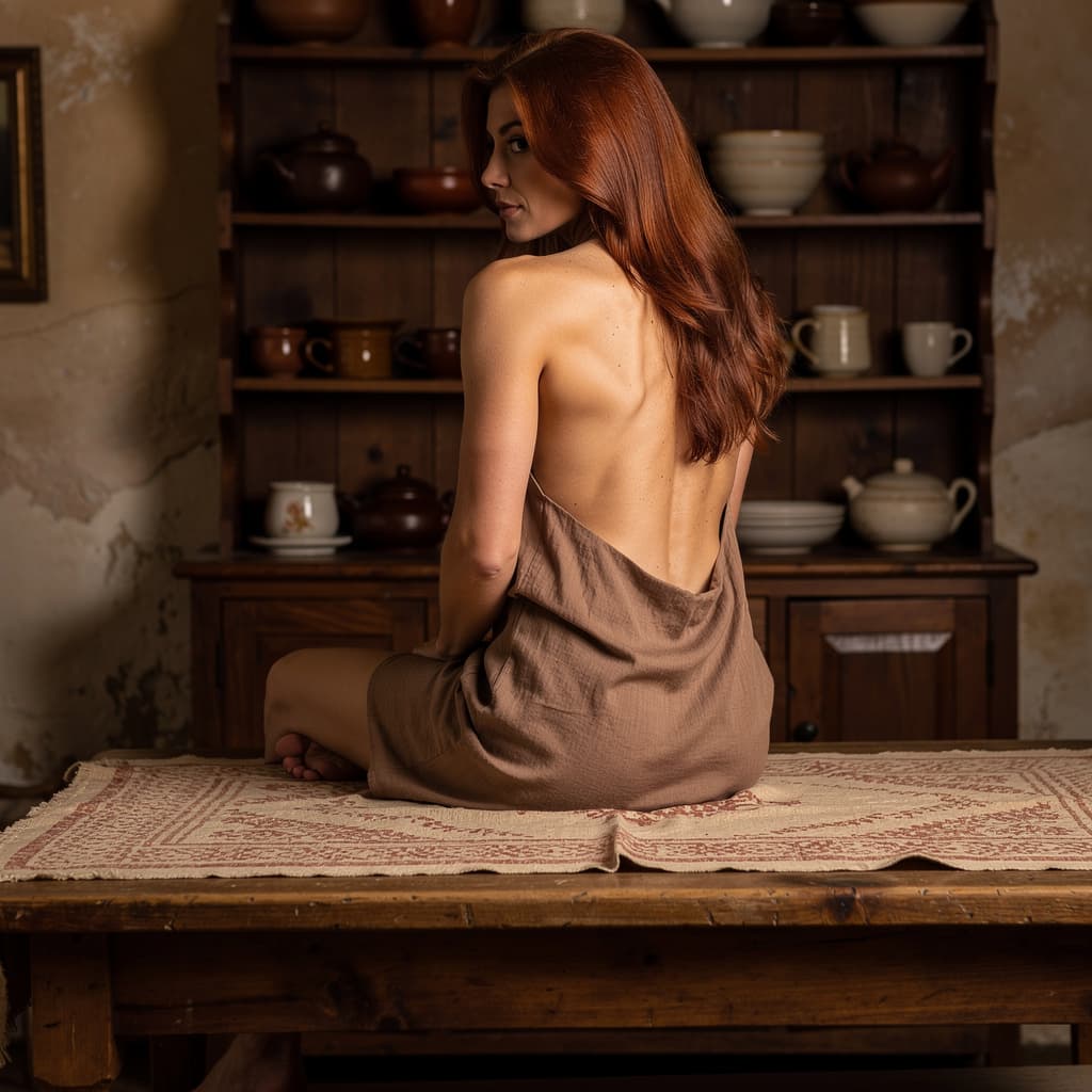 AI generated: Create a photorealistic image of a fit, nude adult woman sitting on a table in an old-fashioned kitc...