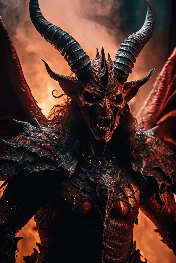AI generated: (((face portrait))), Horror-themed cinematic film still,a horrifying red-skinned male demon king, (f...