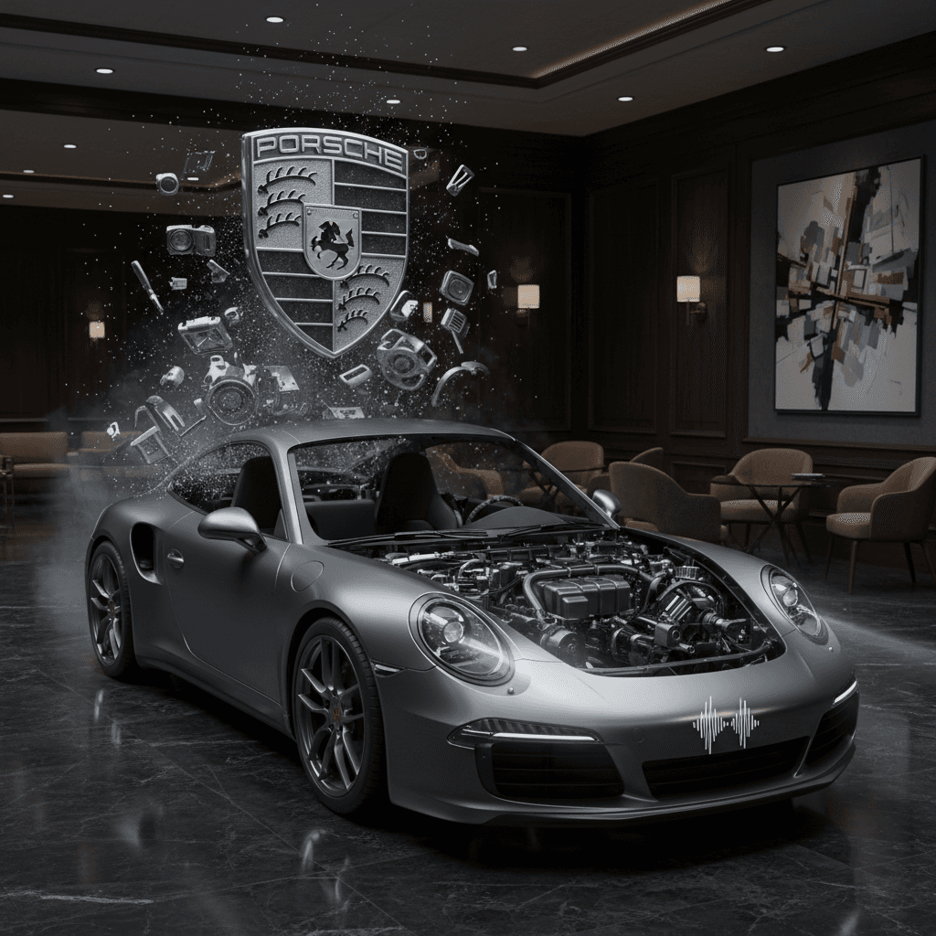 AI generated: Create a Porsche logo getting turned into a Porsche 911, the transformation will look like the car p...