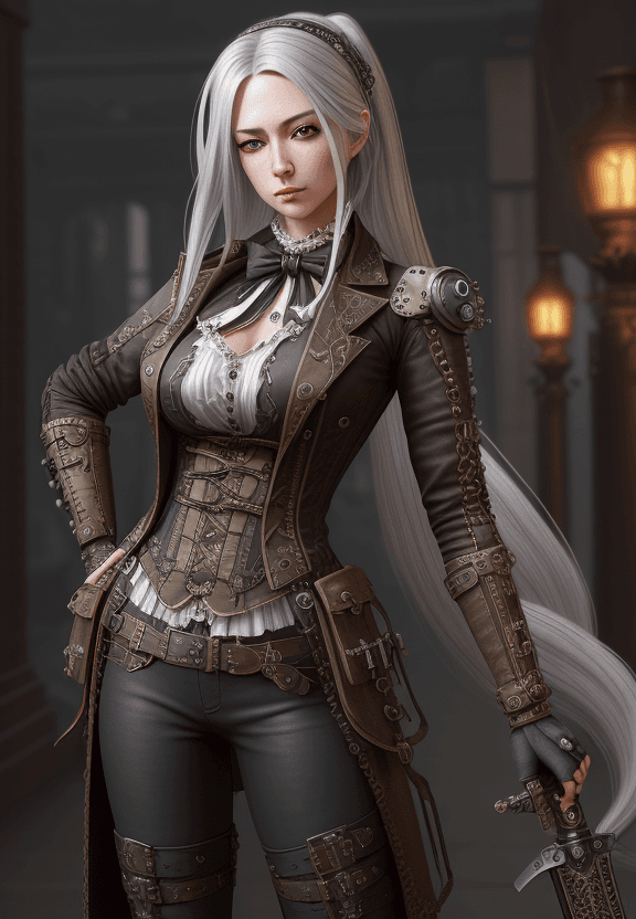 AI generated: Very beautiful Steampunk lady, long silver hair, steampunk outfit and weapon, hyperrealism, photorea...