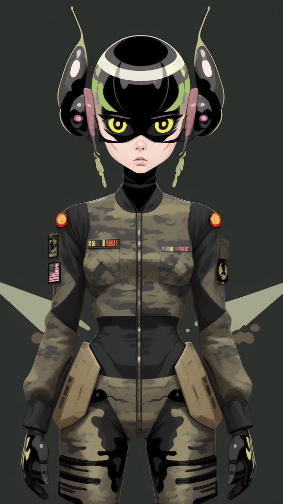 AI generated: in a funky army background portrait of little alien woman, wearing army attire, Prominent eyes, funk...