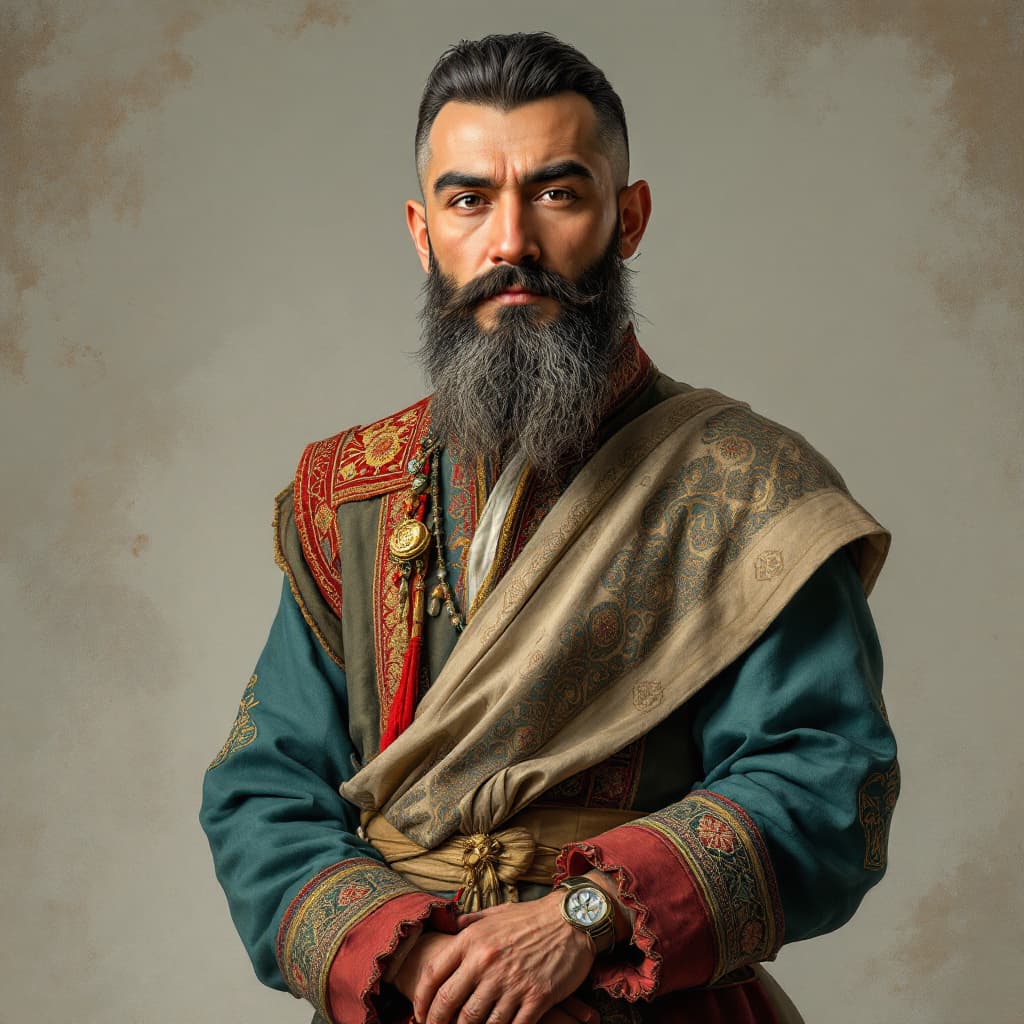 AI generated: cartoon portrait of Shoqan Walikhanov, traditional Kazakh clothes, soft colors, upper body, detailed...
