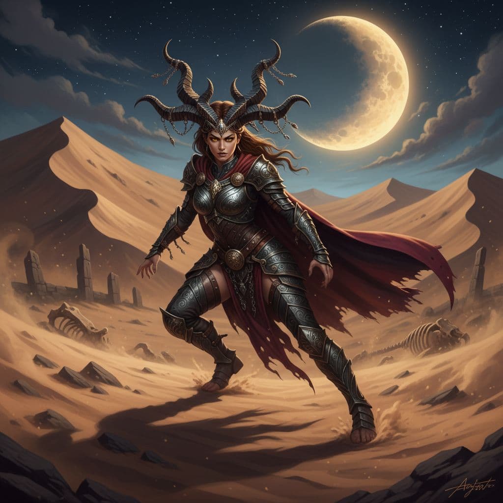 AI generated: A detailed and atmospheric illustration, full body shot of a young beautiful European female horned ...