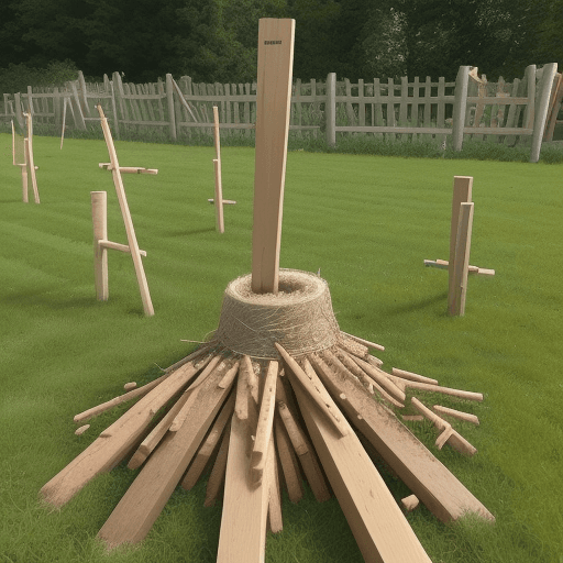 AI generated:  1 wooden stakes planted in the ground, tip upwards, aligned and spaced 1.5m apart, they measure 1.5...