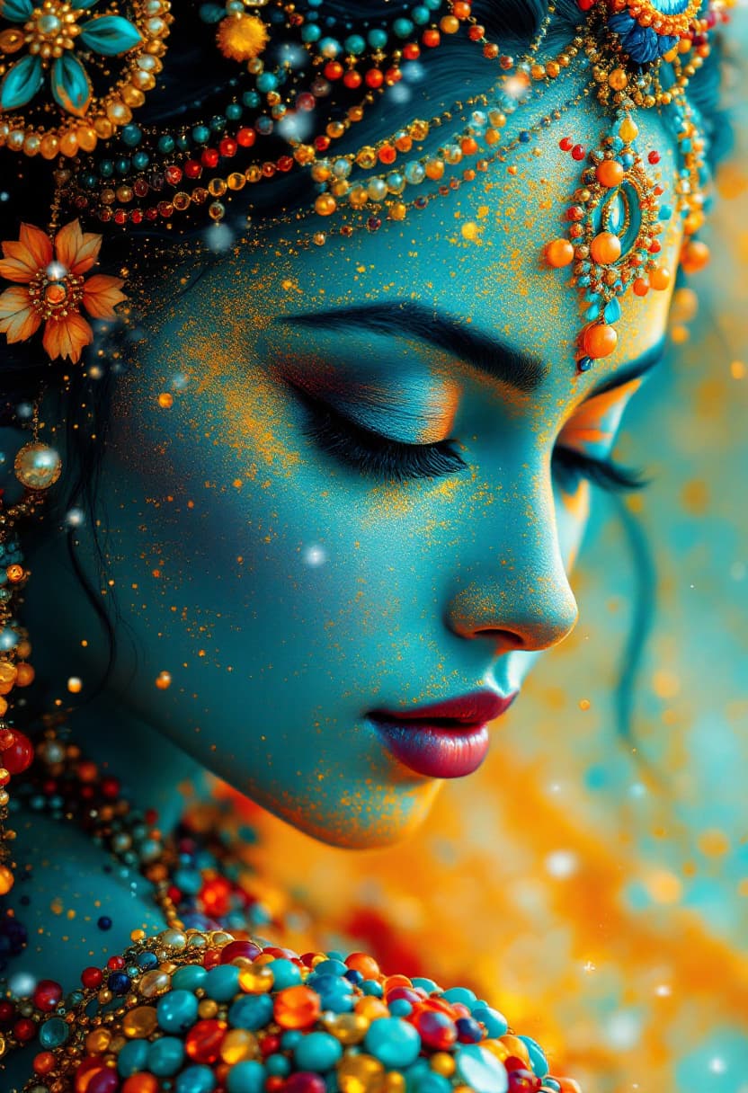 AI generated: an image of a stunning beautiful paravati goddess,wearing intricate colorful shiny sari made from co...