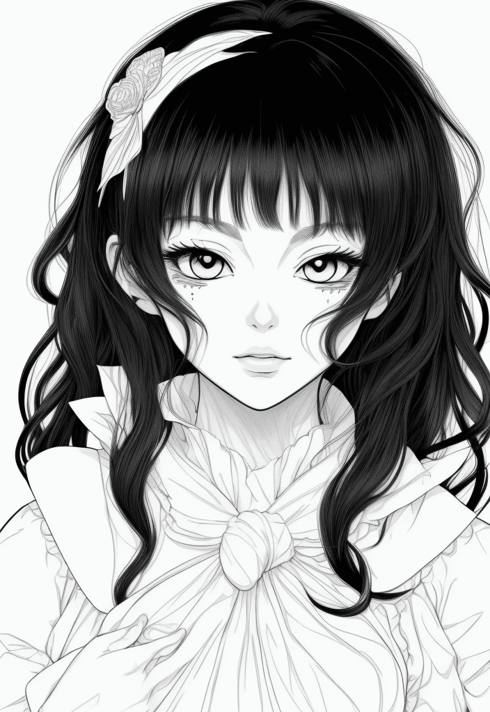 AI generated: coloring page Anime portrait clean line art, black pen line high detail,,wild dynamic black hair, wo...