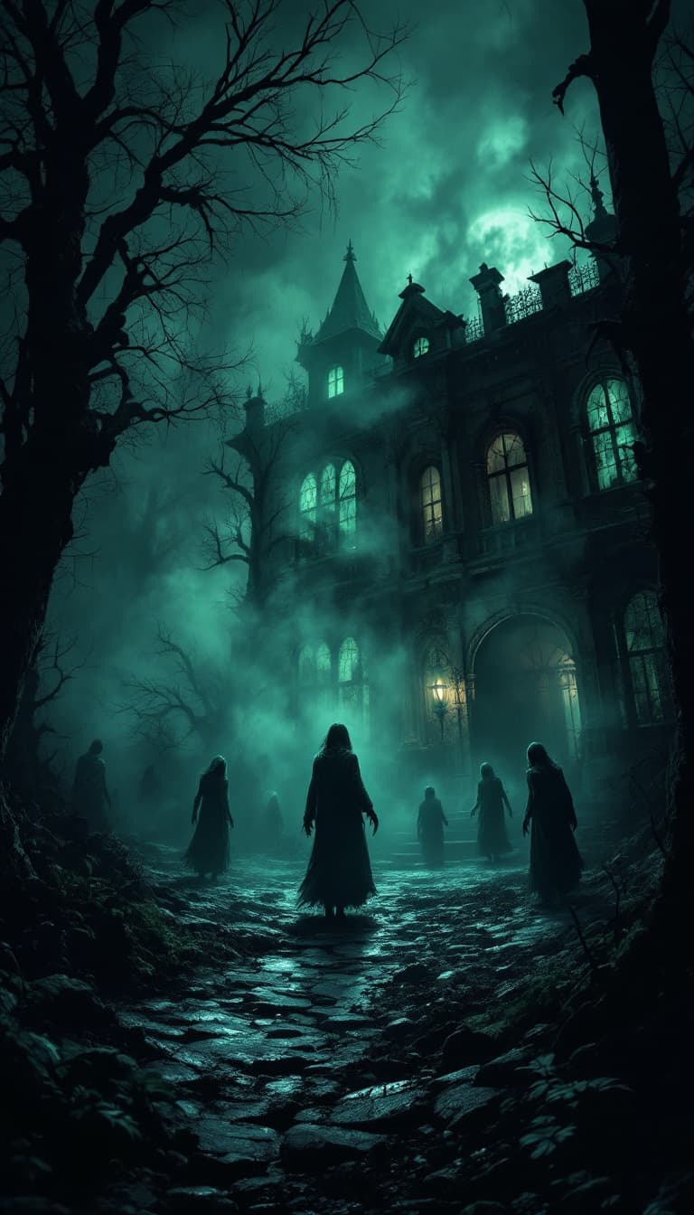 AI generated: cursed souls in a haunted house, eerie ambiance, unsettling mist swirling, foreboding shadows, emoti...