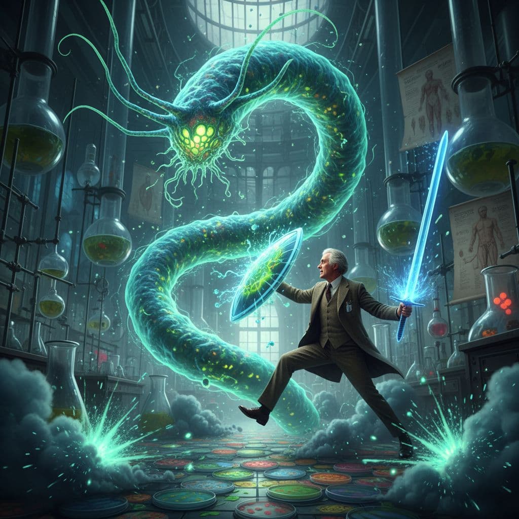 AI generated: Alexander Fleming fighting with a giant Pseudomonas aeruginosa