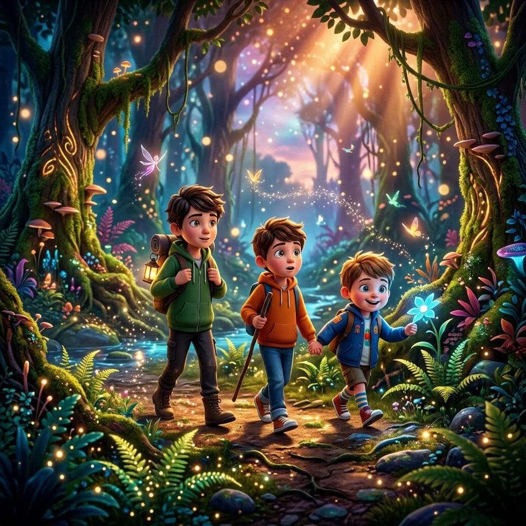 AI generated: “3 brave little boys, all brothers, aged 10, 8 and 6 are exploring an enchanted forest, 3D render, c...