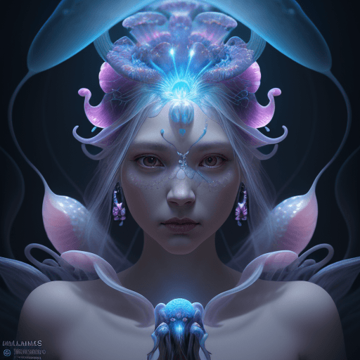 AI generated: Goddess close-up portrait ribcagel. jellyfish phoenix head, nautilus, orchid, skull, betta fish, bio...