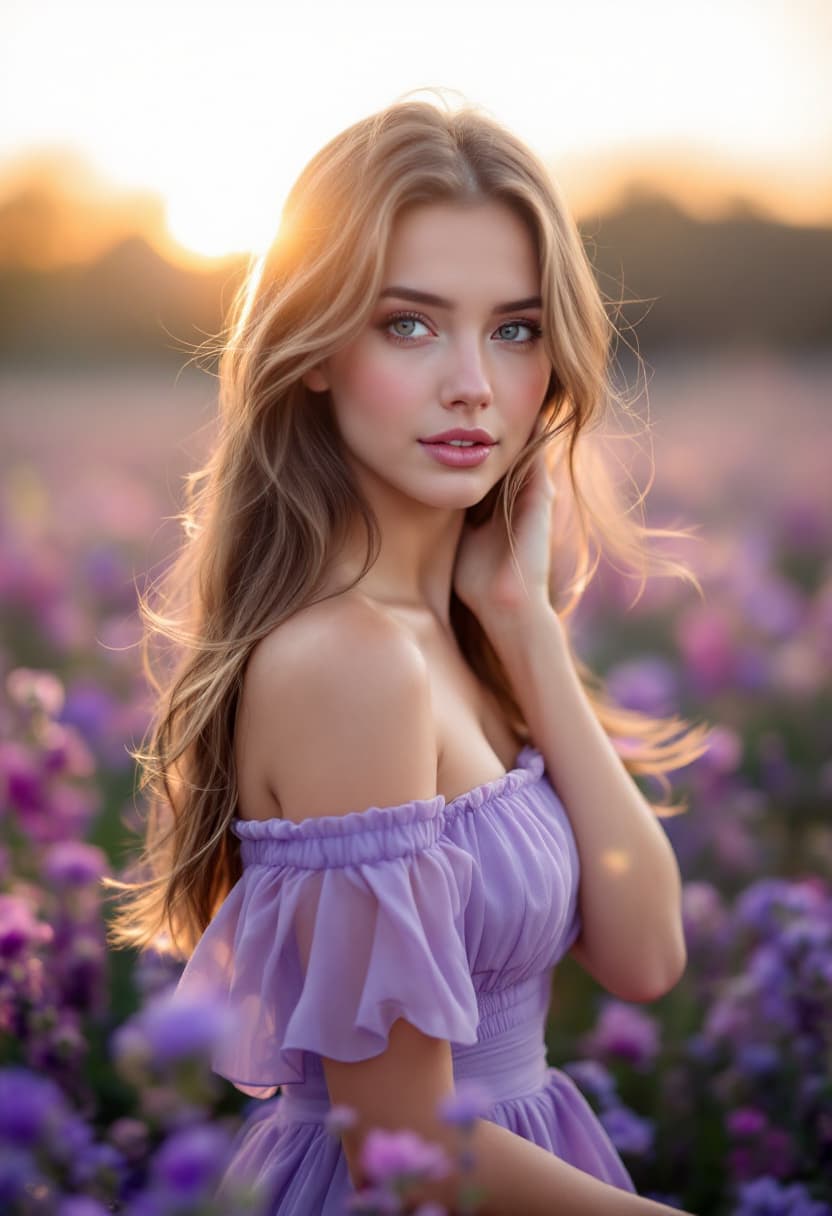 AI generated: A beautiful girl in a lavender dress, in the middle of a field full of purple flowers, with sunset l...