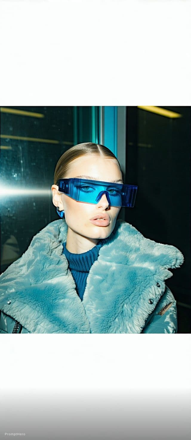 AI generated: Fashion shoot, Jacquemus and Moncler collaboration: dark blue translucent futuristic sunglasses, hyp...
