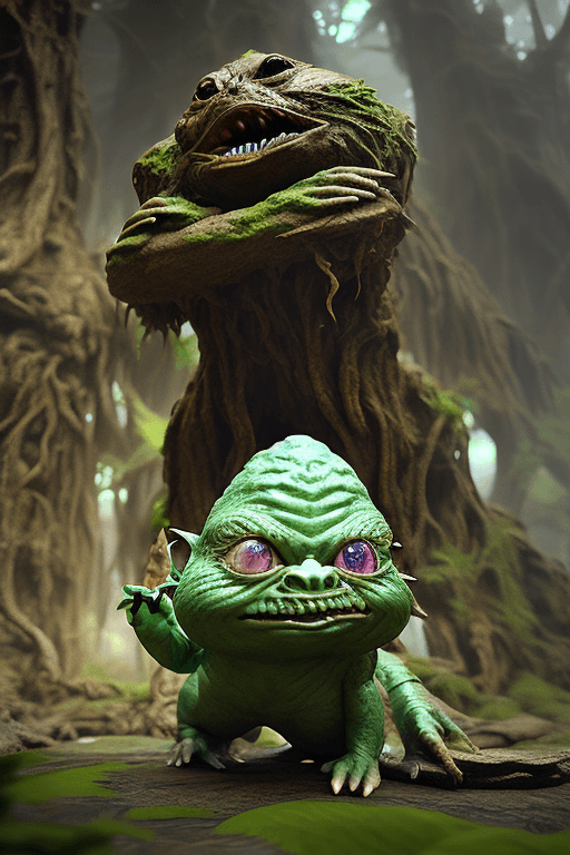 AI generated: lord of the bogtrolls, fights a gremlin, natural habitat, secret, sneaky, devious, masters, 8k, nani...