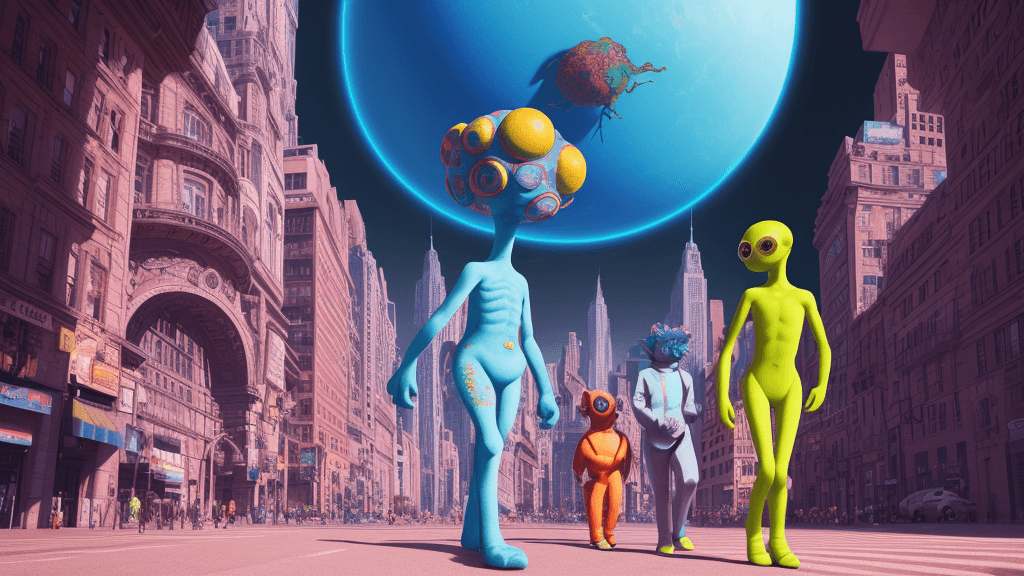 AI generated: fantastic planet, with a fantastic city, psychedelic creatures walking around, --ar 1:3, high defini...