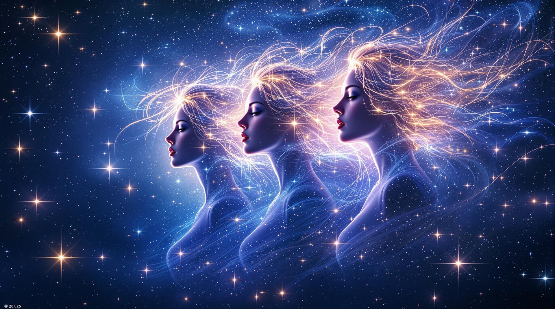AI generated:  This digital artwork features a celestial theme with  ethereal female figures emerging from a starr...