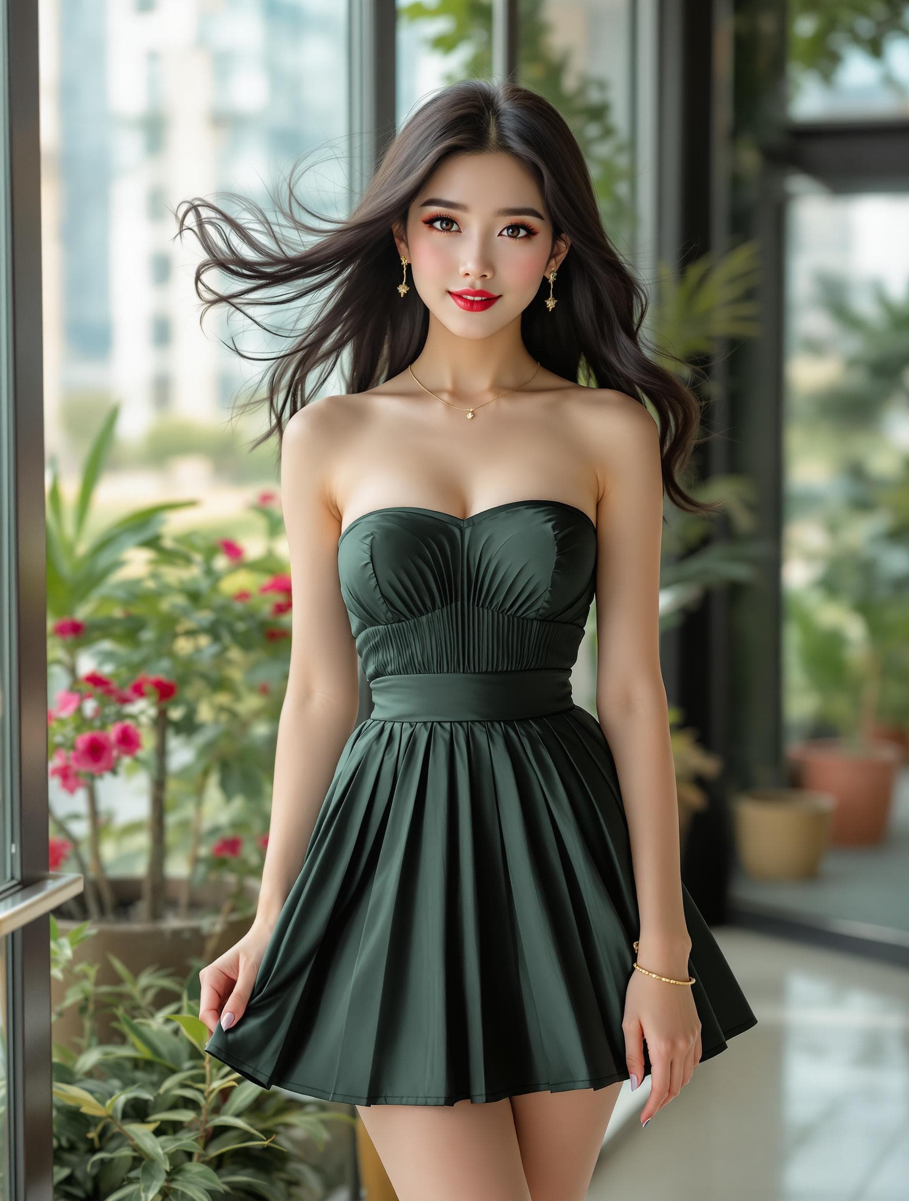 AI generated: photorealism, Vietnamese women, young girl, mid shot, standing split, black hair, twirling hair, wea...