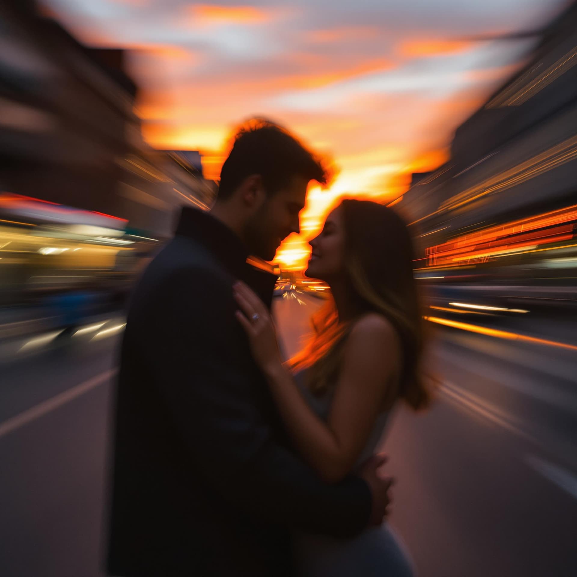 AI generated: time-exposure capture: Soulmates embrace mid-street; bustling city blurred; background long exposure...