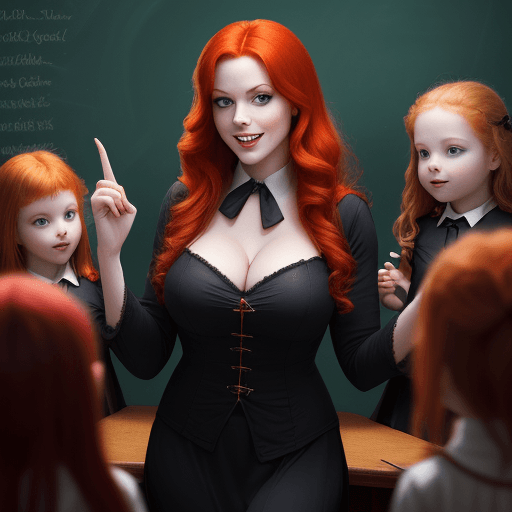 AI generated: high resolution photo of a seductive, stunningly beautiful redheaded schoolteacher with a sly grin t...