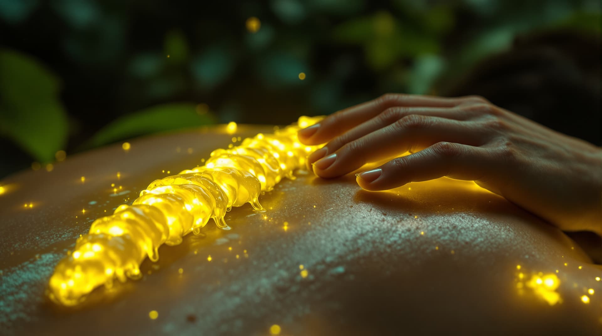 AI generated: Photorealistic, cinematic close-up: a person lies prone on the damp forest/jungle floor. Focus on th...