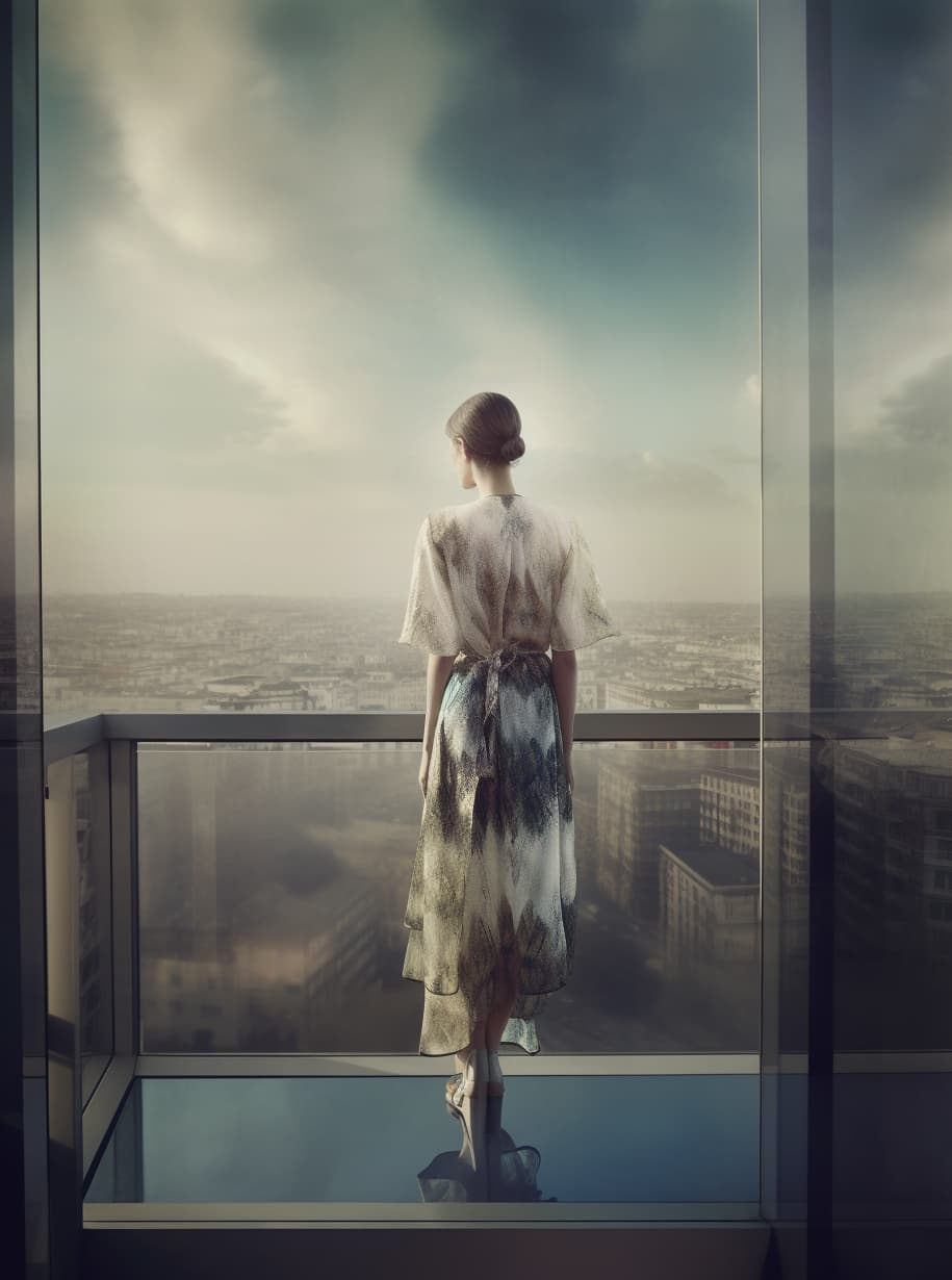 AI generated: a woman standing on top of a window sill, fractal dress, by Stanislas Lépine, uniform off - white sk...