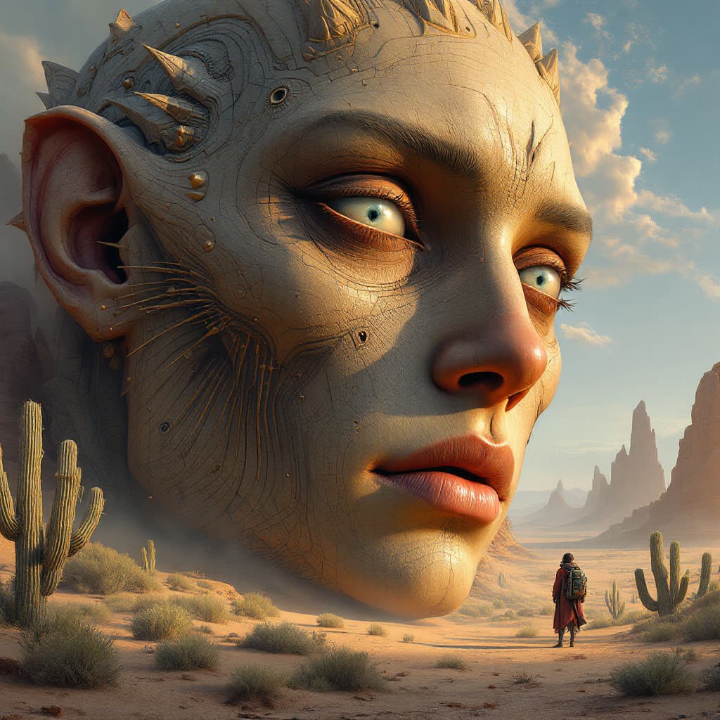 AI generated: large humanoid face with detailed and complex facial in the desert, a fantasy landscape in the style...