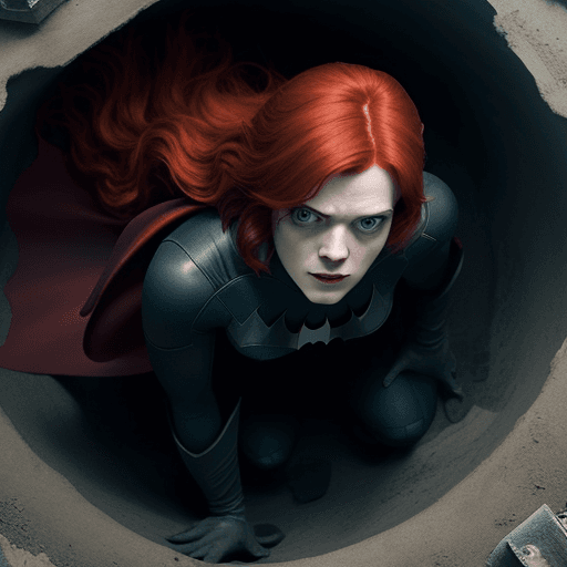 AI generated: Rose Leslie as Batwoman, down in a pit, seen from above. 