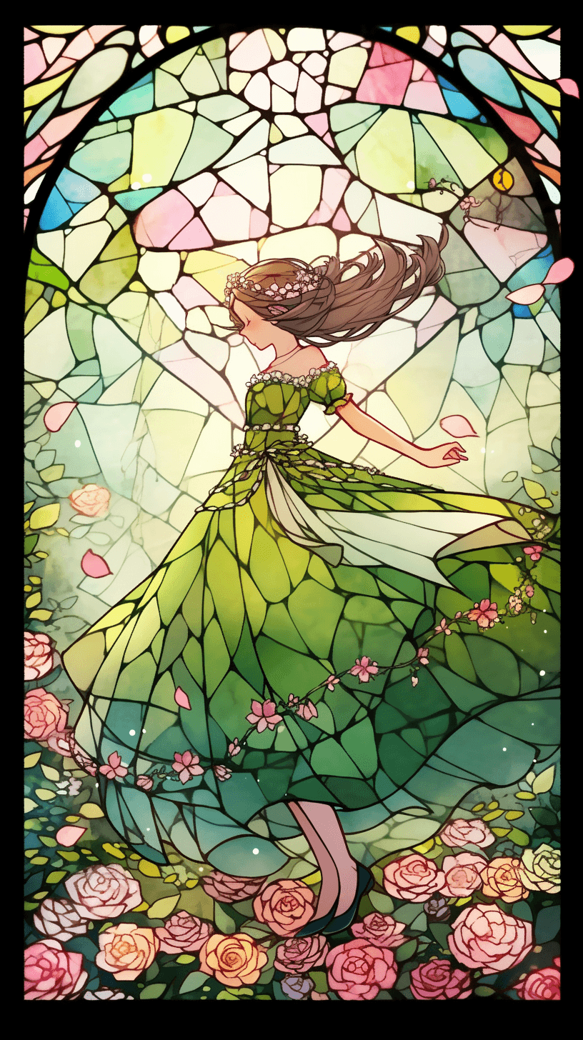 AI generated: vibrant stained glass art piece of a woman with very long brown hair dancing in a field of stained g...