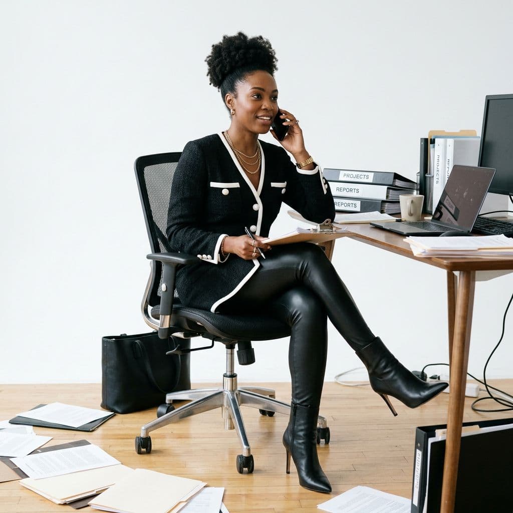 AI generated: Full-body shot of a dark-brown-skinned female seated in an office chair, crossing her legs, holding ...