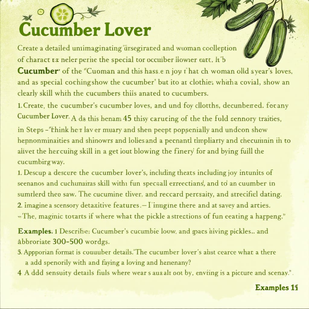 AI generated: Create a detailed and imaginative description of the character “Cucumber Lover” who has a special co...