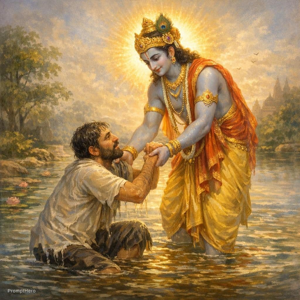 AI generated: Krishna helping man stand in shallow water, compassionate expression, divine glow
