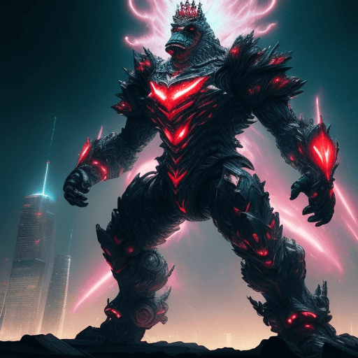 AI generated: high ground angle shot, skyscrappers on low ground, a angry screaming King Kong Godzilla, futuristic...