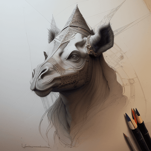 AI generated: leonardo da vinci color intricate  blueprint of concept art dark camel face, on grey paper sketch in...