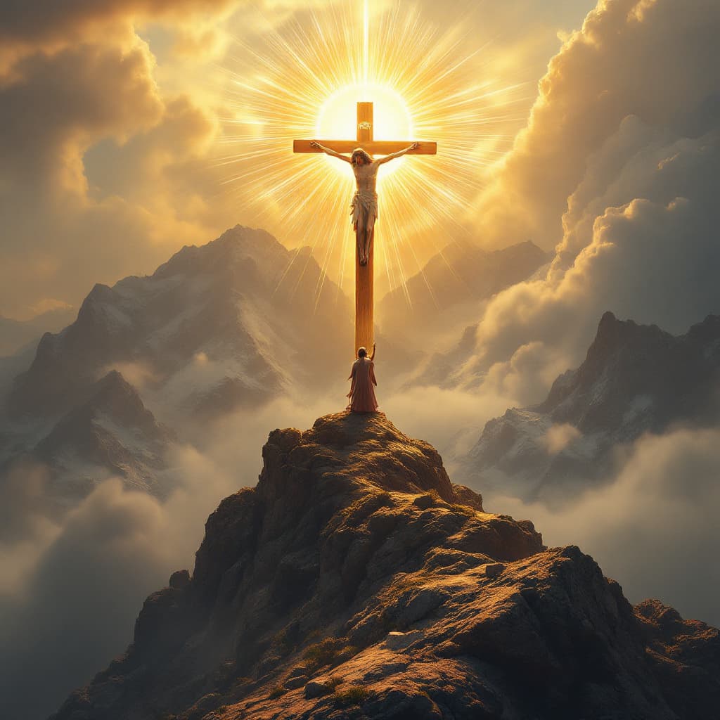 AI generated: 

IMAGEN REAL DE JESUCRISTO EN LA CRUZ SOBRE UNA MONTAÑA CON UNA PUESTA DE SOL PROMPT