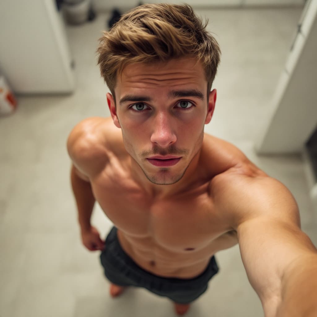 AI generated: 18 year old male, selfie, shot from above, Caucasian, short brown hair, muscular, boxer shorts, larg...