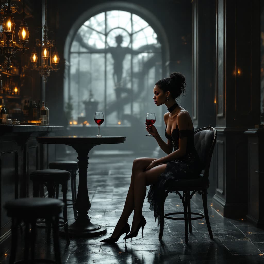 AI generated: minimalism [mixed race] steampunk woman, red lips,black monolith floor,realistic and sit the bar cha...