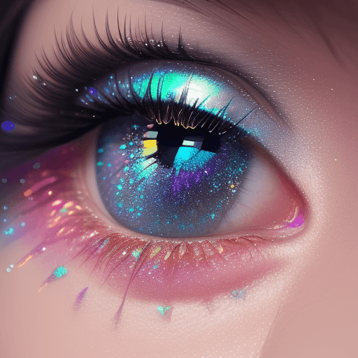 AI generated: Zoom closeup macro photo, contrast, close up of woman's eye, iridescent, heavy makeup, lashes, (powd...
