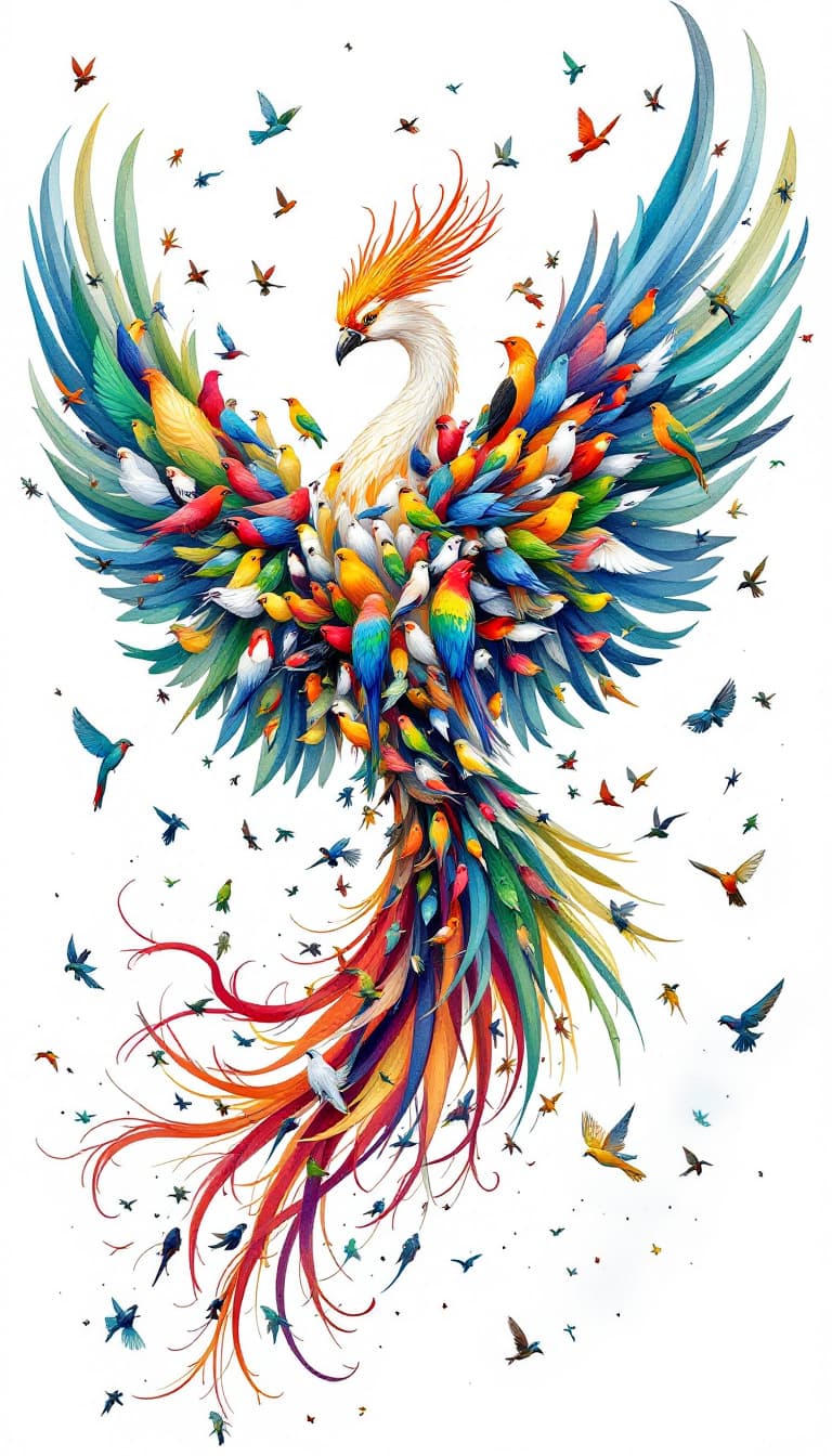AI generated: A majestic phoenix-like bird with the head of a Hoopoe, composed entirely of 30 various smaller bird...