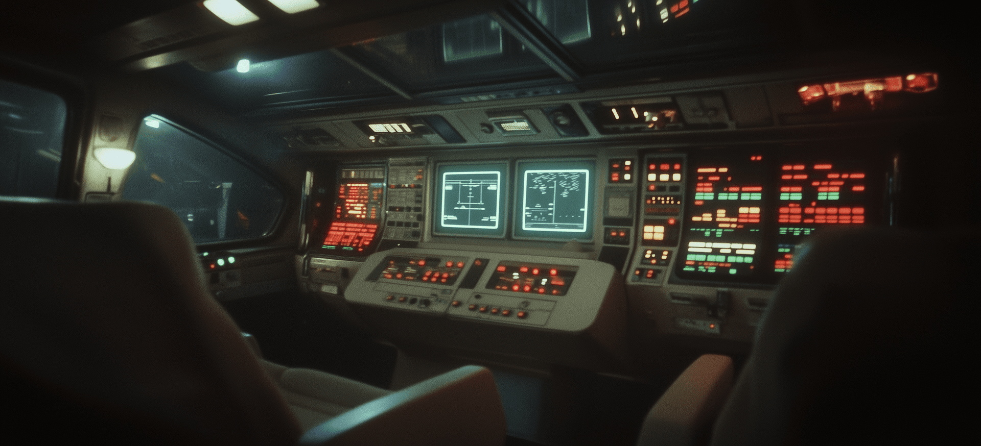 AI generated: Cinematic shot of the bridge computer screen showing and an icon with three green, red, and blue squ...