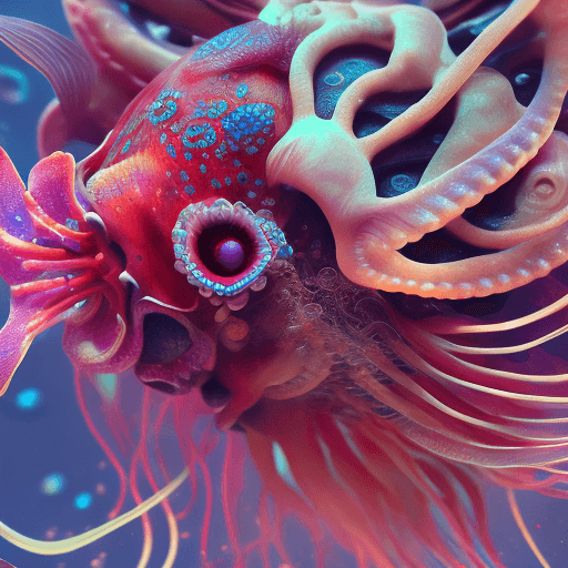 AI generated: Goddess close-up portrait ribcagel. jellyfish phoenix head, nautilus, orchid, skull, betta fish, bio...