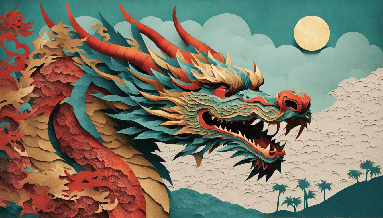 AI generated: papercut collage of A cinematic photograph of an asian dragon