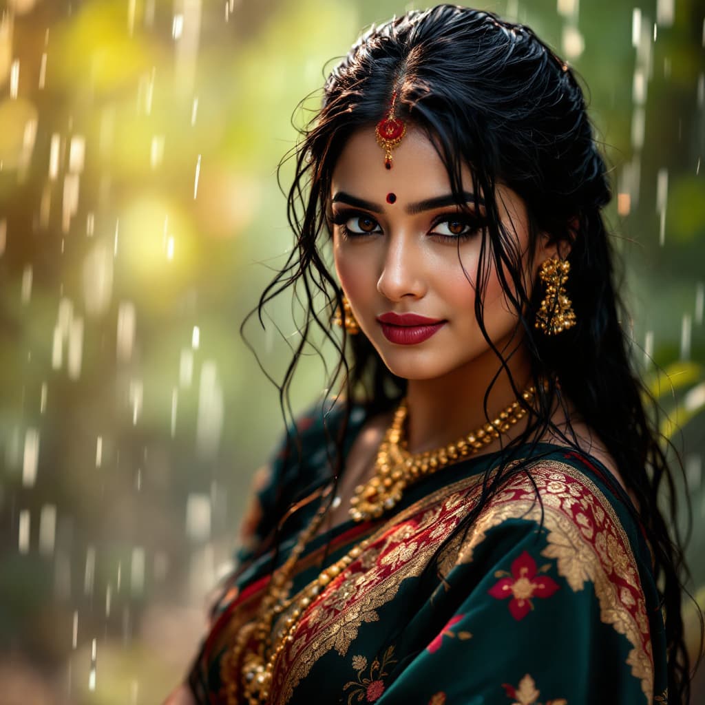 AI generated:  Beautiful cute wet tamanna bhatia, with thick thighs and a curvy waist,  wearing a  beautiful saree...