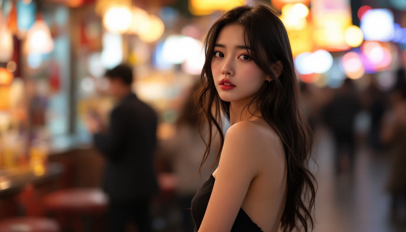 AI generated: Full body photo of Risa, a Japanese girl, wearing a black Strapless dress, Make a solemn expression,...