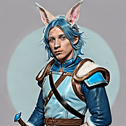 AI generated: male d&d harengon, male dnd rabbitfolk, male d&d anthro rabbit :: white fur with light blue tipped e...
